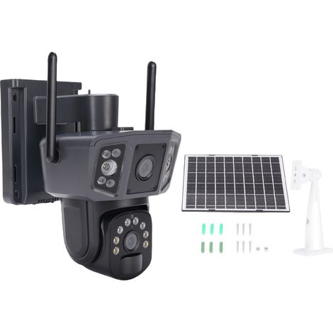 Ortviai Caméra de sécurité solaire sans fil extérieure 360°, double objectif, détection PIR, batterie 8000 mAh