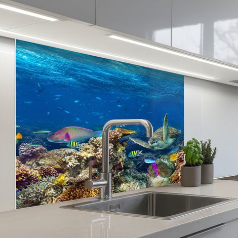 Kitchen Splashback Underwater landscape - Fish - Turtle - Blue 100x80 cm (1/5)