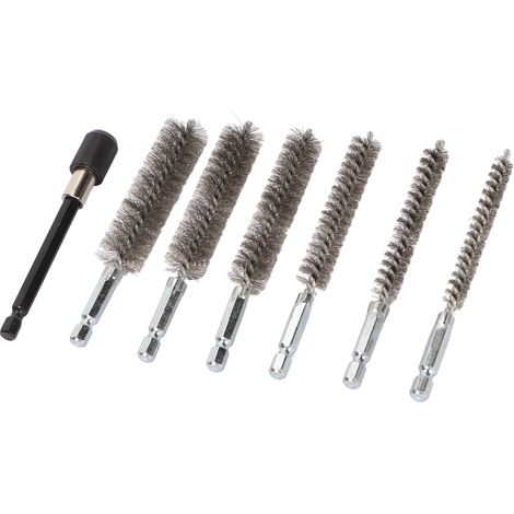Lot de 7 brosses de nettoyage en acier inoxydable pour perceuse électrique, avec poils métalliques de différentes tailles. (1/5)