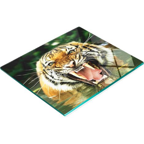 Tablero decorativo multifuncional de vidrio templado con dise帽o de tigre rugiente, 60x52 cm.