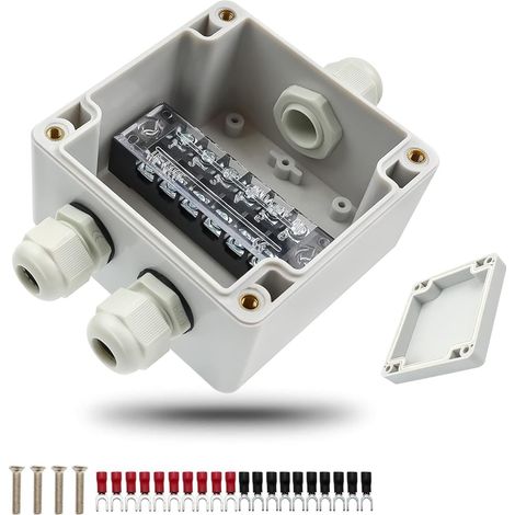 Boite Derivation, IP65 Boîtes de Jonction, 82 x 80 x 56 mm Blanc Boite Etanche, en Matière ABS, Cosses Fourches SV Pré-Isolées, aux Câbles de Diamètre 4 À 8 mm