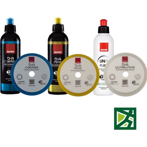 KIT LUCIDATURA AUTO RUPES – D-A COARSE, D-A FINE, UNO PURE (250 ML) + TAMPONI COORDINATI (150mm)