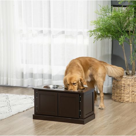 Gamelle surélevée pour grand chien avec rangement, 2 bols inox amovibles, meuble de repas 60 x 30 x 34 cm, finition café, pour eau et croquettes - CHICFURN (1/5)
