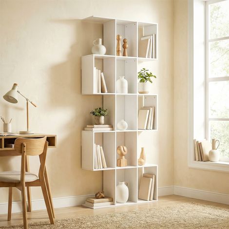 5-stöckiges, S-förmiges Bücherregal für Wohnzimmer, Schlafzimmer, Arbeitszimmer, Büro, 80 x 24 x 200 cm, Weiß