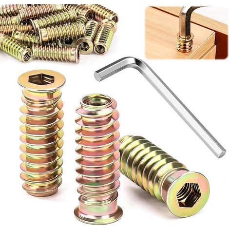 Insert Fileté Bois 20 Pièces M10x25mm Écrous à Visser Fileté Manchons à Visser en Alliage de Zinc Douille Filetée M10 Écrous Hexagonaux avec 1 Clé Allen pour Meubles en Bois