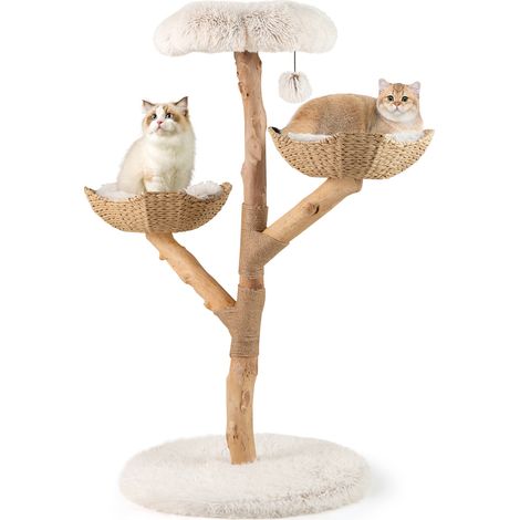Costway – Arbre à chat en bois massif 122 cm – 2 paniers en rotin – 2 plateformes – Poteau à griffer en jute – Pompon suspendu (1/5)