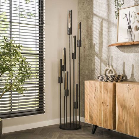 M&S – Lampadaire tube 7 lampes 35x186 cm métal noir – Abat-jours dénivelés – Éclairage LED – Design moderne pour salon