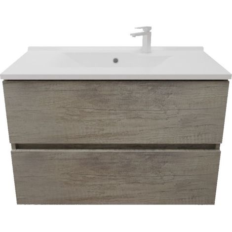 Meuble salle de bain suspendu 80 cm ROSALY INOX- Bois- Plan vasque en Résine (1/5)