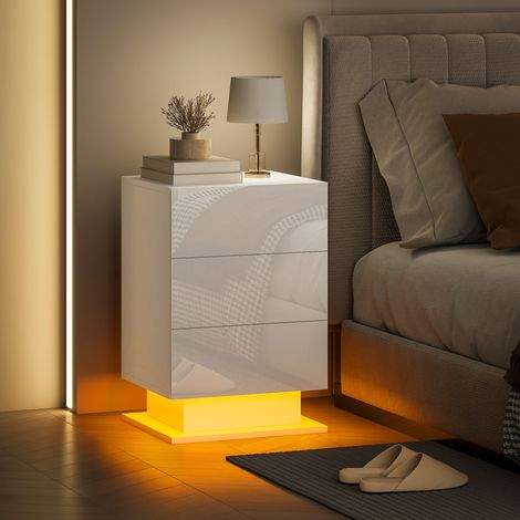 Table de chevet moderne avec éclairage LED à intensité variable et 3 tiroirs, lumières colorées réglables avec télécommande, table d'appoint pour salon ou séjour, 40 x 35 x 60 cm, blanc brillant (1/5)