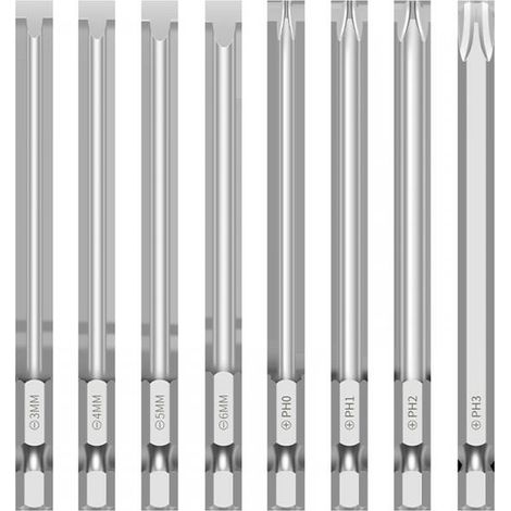 Jeu de 8 Embouts Magnétiques Longs 100mm en Acier S2 Tige Hexagonale 1/4 pour Visseuse sans Fil et Travaux de Précision