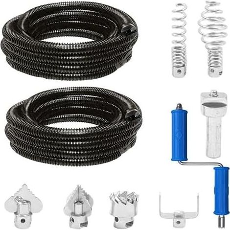 Set mit 2 Abflussreinigungsspiralen Ø 12 mm x 10 m, mit elektrischen/manuellen Adaptern, 6 Rohrschneidköpfen, multifunktionalen Wellen für die Küche - (1/5)