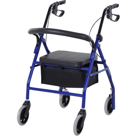 Déambulateur 4 roues pliable léger avec assise et dossier rembourré, poignées ergonomiques, freins à main, panier de rangement, métal bleu