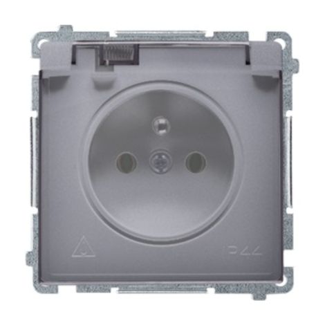 Simon Basic Einzelsteckdose mit Schutzart IP44, mit Abdeckung und Klappe, matt silber BMGZ1Bz.01/43A