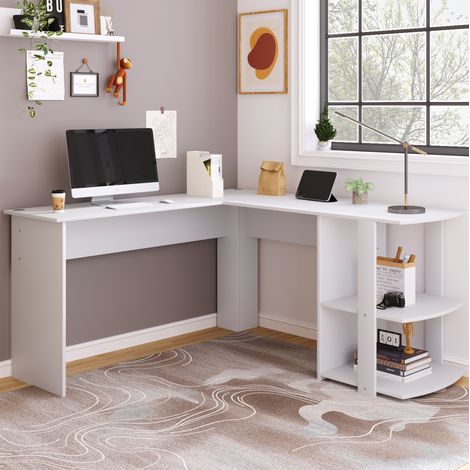Escritorio Esquinero L 140x140 Cm Blanco, Tableros Melamina Resistentes Y Balda Integrada (1/5)