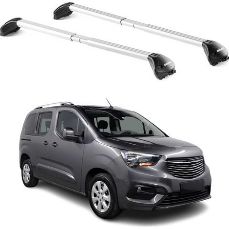 OMAC Barres de toit transversales certifiées TÜV pour Opel Combo E 2019-2026 – Verrouillables (4 antivols) – Charge max 100 kg – Sangle inox + protection caoutchouc Argent (1/4)