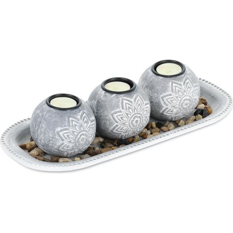 Porte-Bougies avec Plateau, 35 cm, Pierres décoratives, déco de Table, Salon, Chambre, bougeoir, Gris/Blanc (1/5)