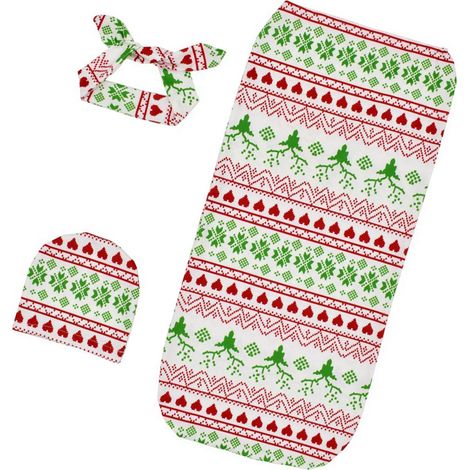 Wickelset mit Stirnband im weihnachtlichen Stil, weich und bequem, ideal für Neugeborene. (1/5)