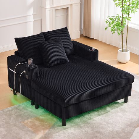 Poltrona relax in velluto a coste con LED multicolore, porta USB, portabicchieri e struttura in legno, nera (1/5)