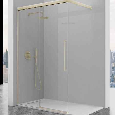 KASSANDRA PAVÍA Mampara Walking Frente Ducha Fijo + Puerta Corredera con Tirante Oro Cepillado Transparente - Medida: 116-120 CM - ref: AI1083616S200116