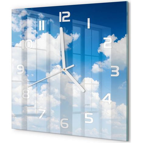 Horloge Murale Carrée Objet Décoratif en Verre Silencieuse pour Salon Nuages dans le ciel 30x30 cm