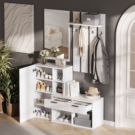 Guardaroba d'ingresso con specchio, porta scarpe e 2 cassetti 120x35x175,5 cm bianco (1/5)