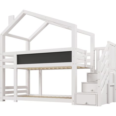 Letto a castello a casetta per bambini 90 x 200 cm bianco con contenitore, lavagna e 2 reti a doghe (1/5)