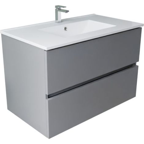 Meuble salle de bain suspendu 80 cm ROSALY INOX- Gris- Plan vasque en Céramique