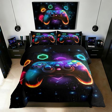 Parure de lit 200 x 200 cm, pour enfants, couleur jeu vidéo, motif manette de jeu, housse de couette multicolore, motif géométrique, nid d'abeille, ciel étoilé, décoration de chambre (1/5)