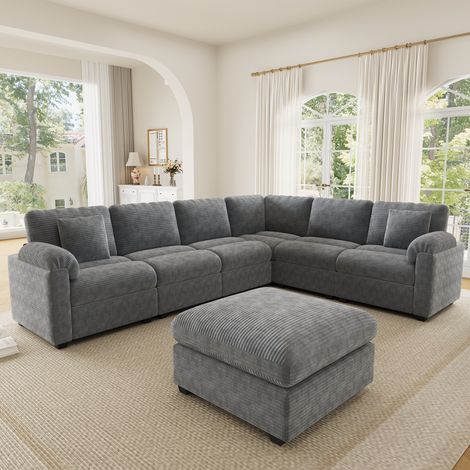 Canapé d’angle modulable 7 places avec pouf + coussins, tissu velours côtelé, grand canapé salon, 274,5x210,5x85,5 cm, gris (1/5)