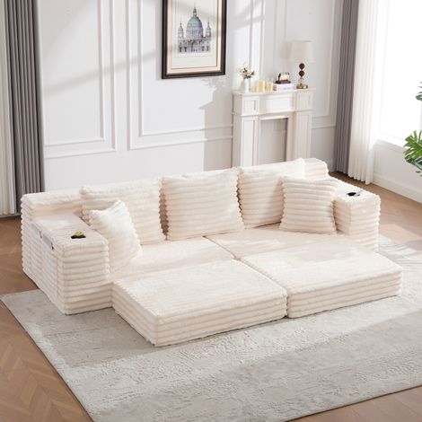 Divano letto 273x98x87 cm beige in velluto a coste con schienale alto, tasche laterali e portabicchieri (1/5)