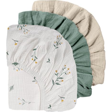 Drap-housse bébé hydrophile Berceau - 3 pièces - Matelas poussette - Vert, blanc, beige - 82x41 cm - Housse matelas à langer - Élastique - Drap berceau mousseline - Drap nid bébé - Drap-housse bébé po (1/5)
