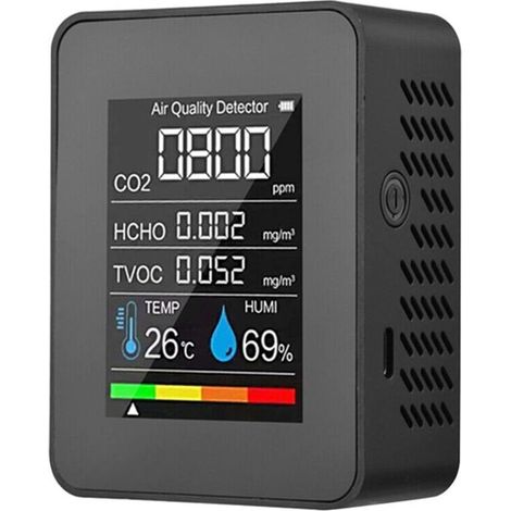 5-in-1 Indoor Air Quality Monitor HCHO TVOC Temperature and Humidity Tester Colorful LCD Display Black (1/5)