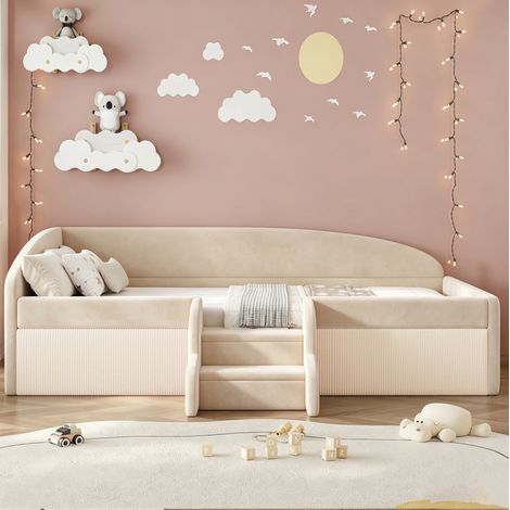Etagenbett 90x190 cm beige en velours avec barrières et marches antidérapantes (1/5)