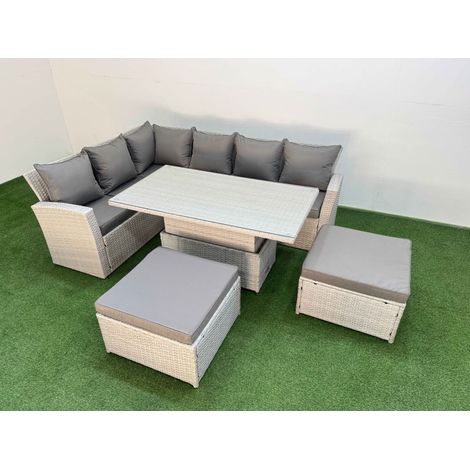 Fimous 8 Seat Rattan Outdoor Garden Furniture Corner Sofa Set Adjustable Lifting Dining or Coffee Table Set with Armchair 2 Big Footstools Light Grey (1/5)