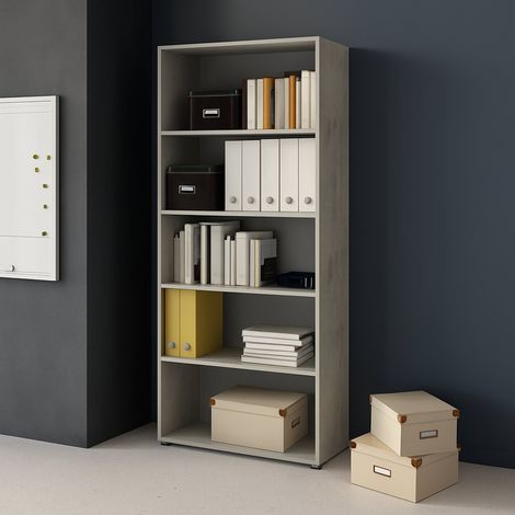 Bücherregal Brugnera, 4-Ebenen-Bibliothek, Standmontage, Strukturfarbverlauf Beton, 79x34x188h cm Weiß (1/3)