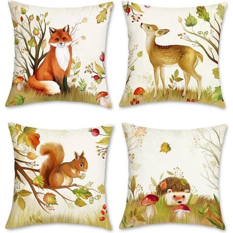 BelleRise - Housses de coussin Animaux de la forêt 45 x 45 cm Cerf Renard Automne Décoration Coussin pour canapé, lit, chambre d'enfant Lot de 4 (1/5)