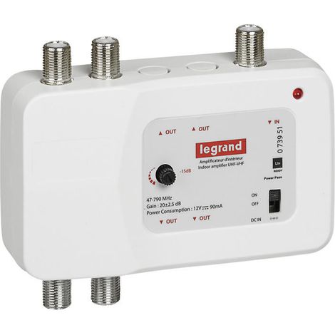 Legrand – Amplificateur TV UHF VHF 790MHz – 1 entrée 4 sorties – Compatible TNT et TV HD – Alimentation 230V intégrée – Utilisation en combles