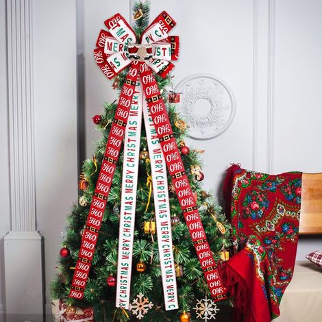 Bow - Christmas Tree Topper - 54.8 X 13 Inches - Wired Ribbon - Red White - Letter Design - 1 Piece (1/2)