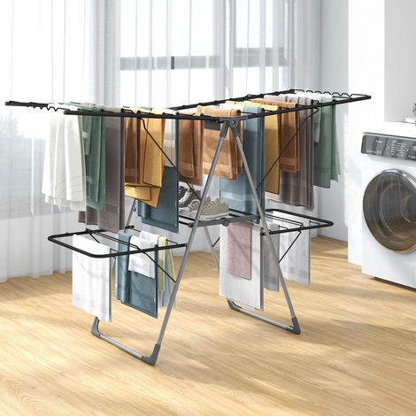 Étendoir à linge 2 niveaux blanc avec 33 barres de séchage et ailes réglables en hauteur pour jardin, balcon et buanderie (1/5)