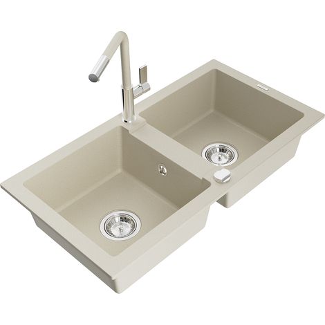 Mexen Mario lavello in granito a 2 vasche con miscelatore cucina Flora, beige - 6504-69-670401-09 (1/5)