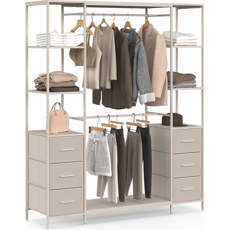 Dressing double penderie + double colonne L. 140 cm UTAH avec 6 étagères et 6 bacs en tissu beige (1/5)