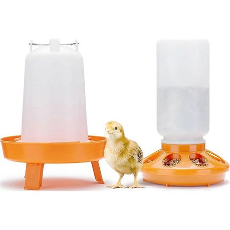 Abreuvoir et mangeoire à remplissage par le haut pour poussins, avec pieds réglables en hauteur (3 niveaux), couleur orange. (1/5)