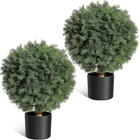 Lot de 2 arbustes artificiels en boule – Cèdre topiaire 43 cm – Résistance UV – Pots de pépinière noirs – Plantes factices pour porche, intérieur et extérieur – Idéal pour cadeau d’emménagement (1/5)