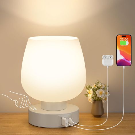 Lampe de chevet tactile avec ports USB-A+C, intensité variable 3 niveaux, abat-jour verre blanc, ampoule LED incluse (1/5)
