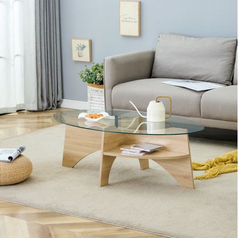 Table basse ovale 104,9x60x35,6 cm transparente avec rangement, MDF et verre de sécurité MEUBLIV (1/5)