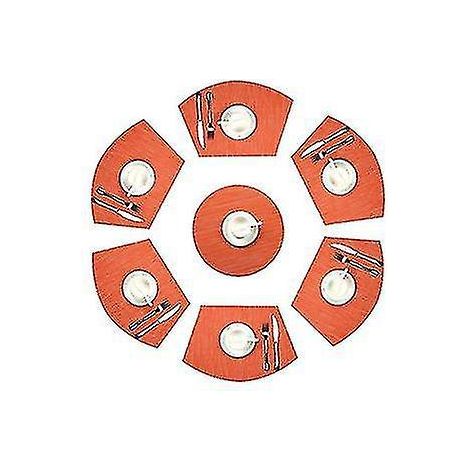 Set mit 7 runden, keilförmigen Platzsets mit Mittelstücken, hitzebeständig und abwaschbar – Orange