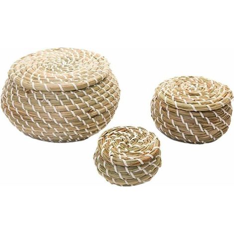 GROOFOO 3 pièces paniers tissés jonc de mer osier rotin paniers de rangement boîtete ronde paniers de pique-nique paniers à linge avec couvercle (1/5)