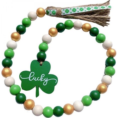 Guirlande En Perles Bois - 70 cm - Pendentif Trèfle Vert - Décoration Saint-Patrick - Style Ferme Rustique - 1 Pièce (1/5)