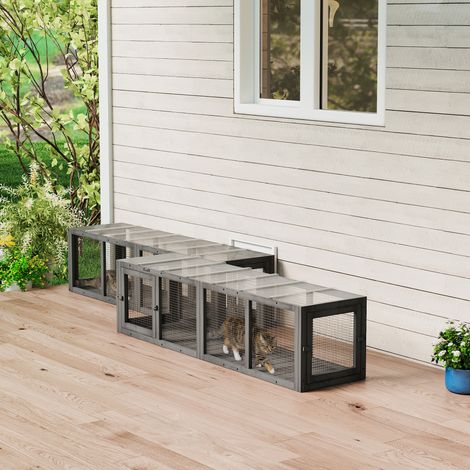 Tunnel/jouet en bois pour chat avec 3 portes, tunnel de jeu extensible pour chats jusqu'à 10 kg, 151,5 x 38,5 cm, gris (1/5)