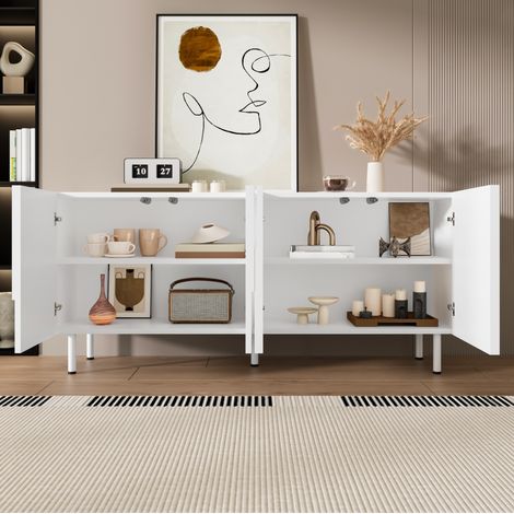 Buffet de salle à manger 160x38.5x70 cm blanc en MDF et panneaux de particules avec design géométrique et rangements (1/5)
